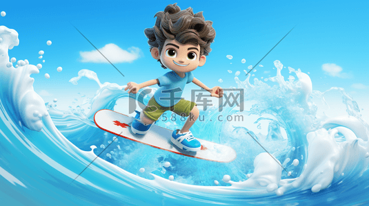 海上冲浪运动插画图片_海上冲浪的卡通男孩背景8