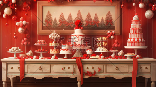 陶瓷插画图片_圣诞节蛋糕甜品红白色装饰7