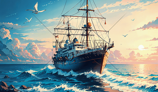 手绘大海插画图片_手绘大海中行驶的船