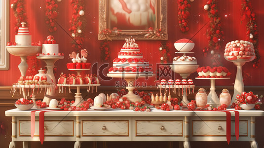 陶瓷工艺插画图片_圣诞节蛋糕甜品红白色装饰10