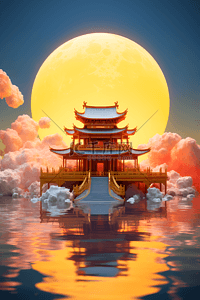 中圆国风插画图片_3D中秋满月中国风建筑插画产品展示背景