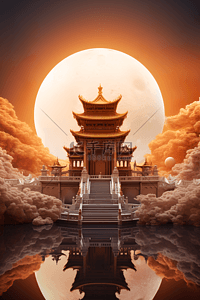 3d中秋节插画图片_3D中秋满月中国风建筑插画产品展示背景