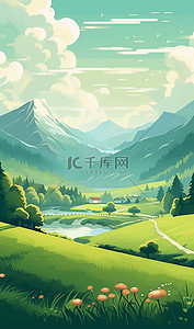 绿色生态青山绿水插画美景