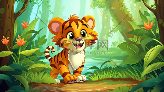 森林老虎插画图片_森林里可爱的小老虎卡通16