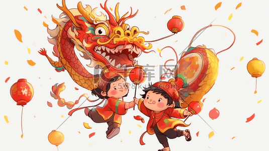 欢庆新年插画图片_过新年兴高采烈舞龙灯春节新年