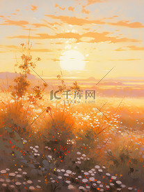 柔和阳光温暖日落乡村油画4