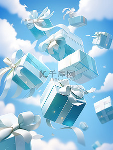 礼盒插画图片_蓝色和白色礼盒在空中飞舞5