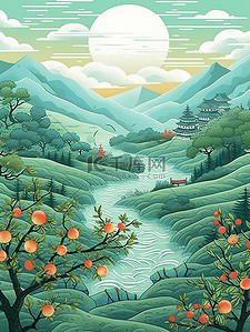 发现岭南插画图片_蓝绿色明亮山云水岭南风光插画6