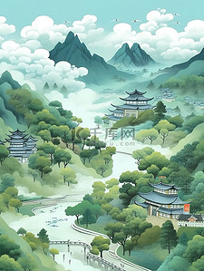 蓝绿色明亮山云水岭南风光插画19