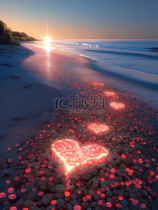 红色520插画图片_梦幻沙滩的发光爱心6