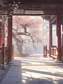 中国古建筑庭院冬梅盛开20