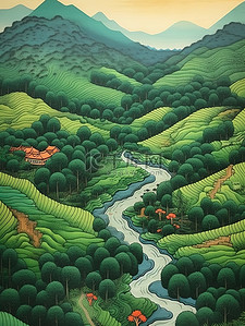 发现岭南插画图片_蓝绿色明亮山云水岭南风光插画3