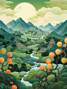 蓝绿色明亮山云水岭南风光插画4