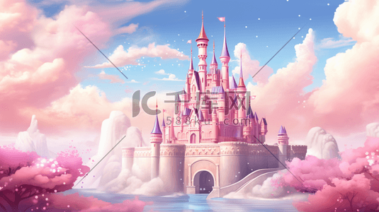 粉色城堡插画图片_唯美粉色系梦幻城堡卡通插画6
