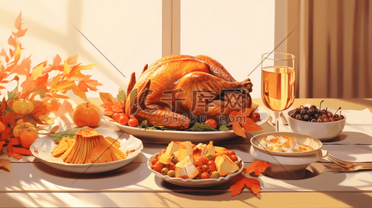 餐桌上的美味火鸡感恩节节日插画7