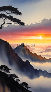 风景黄山风景插画图片_气势磅礴的中国著名景点黄山日出风景12