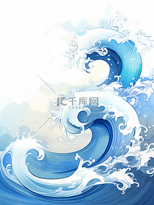 浪花手绘插画图片_中国风国潮海浪水波纹手绘插画