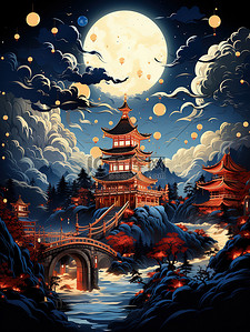 中秋节满月灯笼古建筑海报2