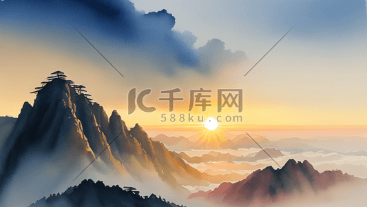 黄山落日插画图片_气势磅礴的中国著名景点黄山日出风景19