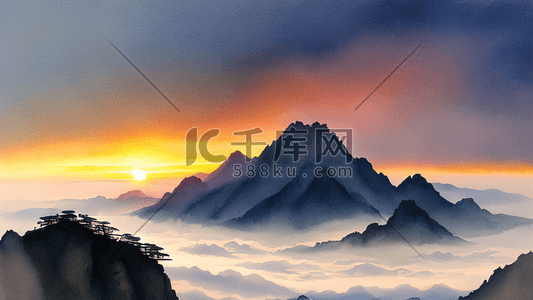 风景黄山风景插画图片_气势磅礴的中国著名景点黄山日出风景17