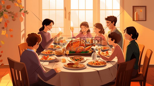 感恩节节日插画图片_餐桌上的美味火鸡感恩节节日插画2