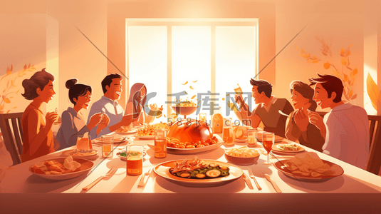 餐桌上的美味火鸡感恩节节日插画6