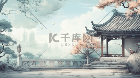 传统古典中国风中国古建筑插画1