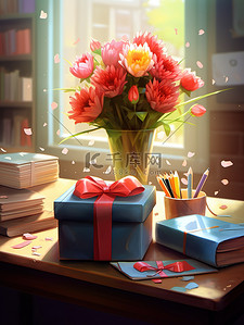 礼物盒插画图片_教师节主题鲜花礼物盒插画9