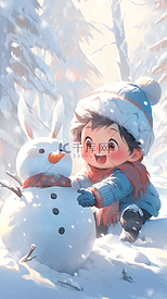 冬天大雪堆雪人的小男孩插画