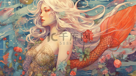 美人鱼插画图片_深海中美丽的美人鱼