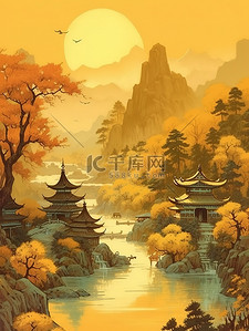 文化艺术插画图片_传统文化山水树浅黄色插画6
