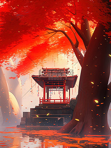秋天一座寺庙建筑红枫树15