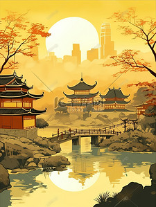 文化艺术插画图片_传统文化山水树浅黄色插画8