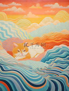 毯子插画图片_猫躺在彩色毯子上浅橙色和蓝色13