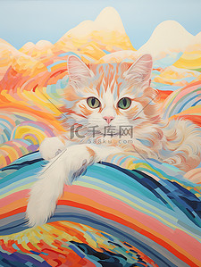 毯子插画图片_猫躺在彩色毯子上浅橙色和蓝色12
