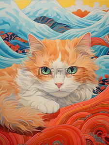 毯子插画图片_猫躺在彩色毯子上浅橙色和蓝色5