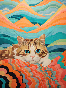 猫躺在彩色毯子上浅橙色和蓝色10