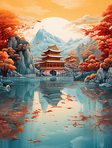 平静插画图片_中国建筑平静的水山景诗意淡青色和红色3