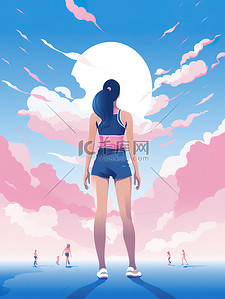 青春海报蓝色插画图片_运动海报上女孩的插图3