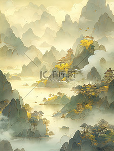 平静插画图片_平静的水山景诗意湖光山色东方美学10