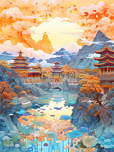 平静插画图片_中国建筑平静的水山景诗意淡青色和红色13