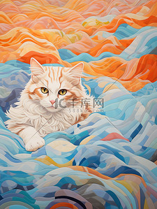猫躺在彩色毯子上浅橙色和蓝色8
