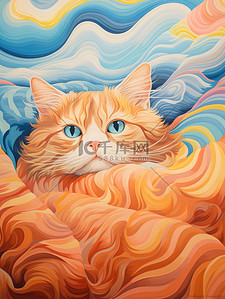 毯子插画图片_猫躺在彩色毯子上浅橙色和蓝色16
