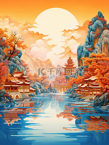 平静插画图片_中国建筑平静的水山景诗意淡青色和红色1