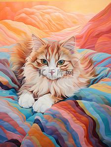 毯子插画图片_猫躺在彩色毯子上浅橙色和蓝色11