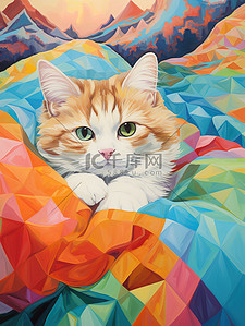 毯子插画图片_猫躺在彩色毯子上浅橙色和蓝色4