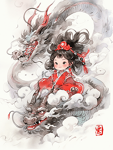 中国传统水墨画风可爱女孩和龙插画