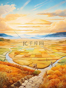 广阔大地插画图片_广阔金色田野农民收割丰收插画2