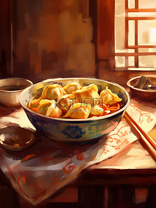 中国传统冬至插画图片_中国传统美食一碗饺子插画5