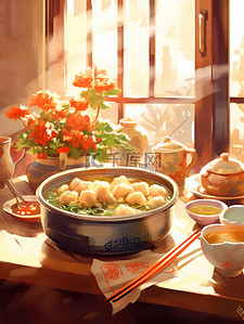 中国传统冬至插画图片_中国传统美食一碗饺子插画10